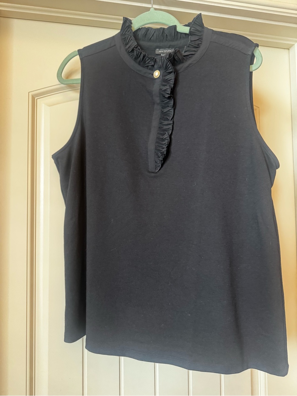 Ann Taylor Black Sleeveless Ruffle-Trim Shell